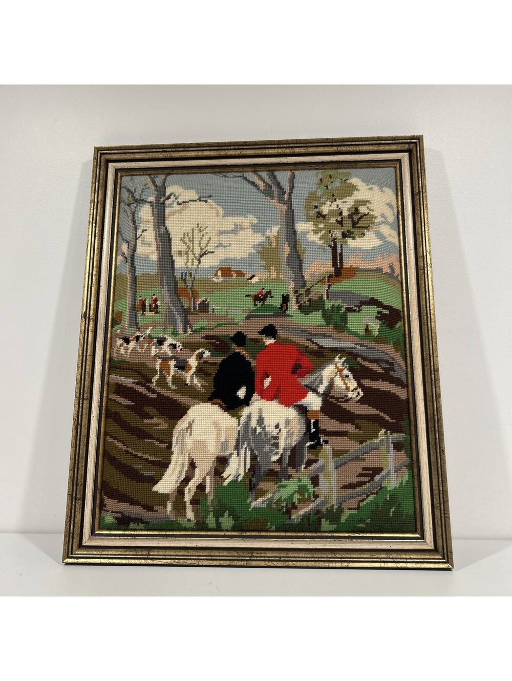 Vintage Framed Needlepoint Fox Hunt Equestrian Scene Wall Art Tapestry Decor 62”